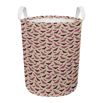 Purple Halloween Bat Pattern Print Round Laundry Basket