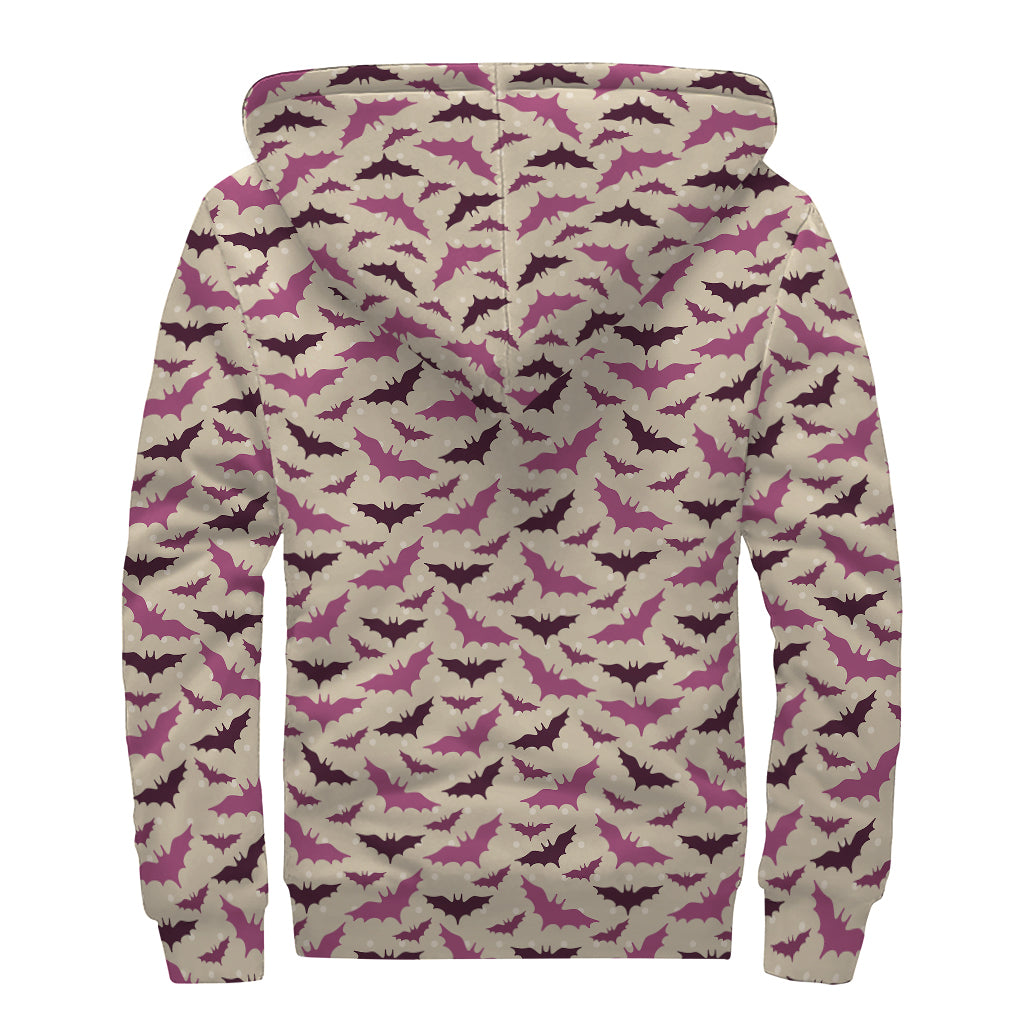 Purple Halloween Bat Pattern Print Sherpa Lined Zip Up Hoodie