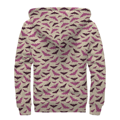 Purple Halloween Bat Pattern Print Sherpa Lined Zip Up Hoodie