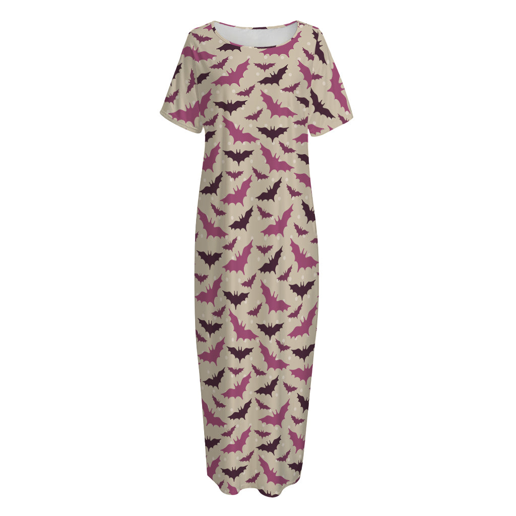 Purple Halloween Bat Pattern Print Short Sleeve Long Nightdress