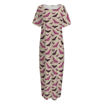 Purple Halloween Bat Pattern Print Short Sleeve Long Nightdress