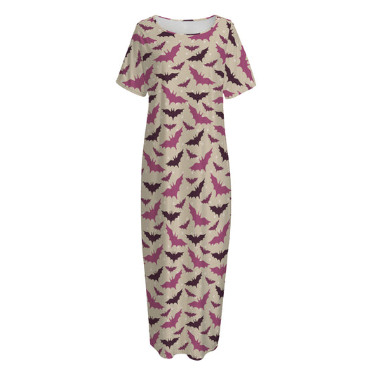 Purple Halloween Bat Pattern Print Short Sleeve Long Nightdress