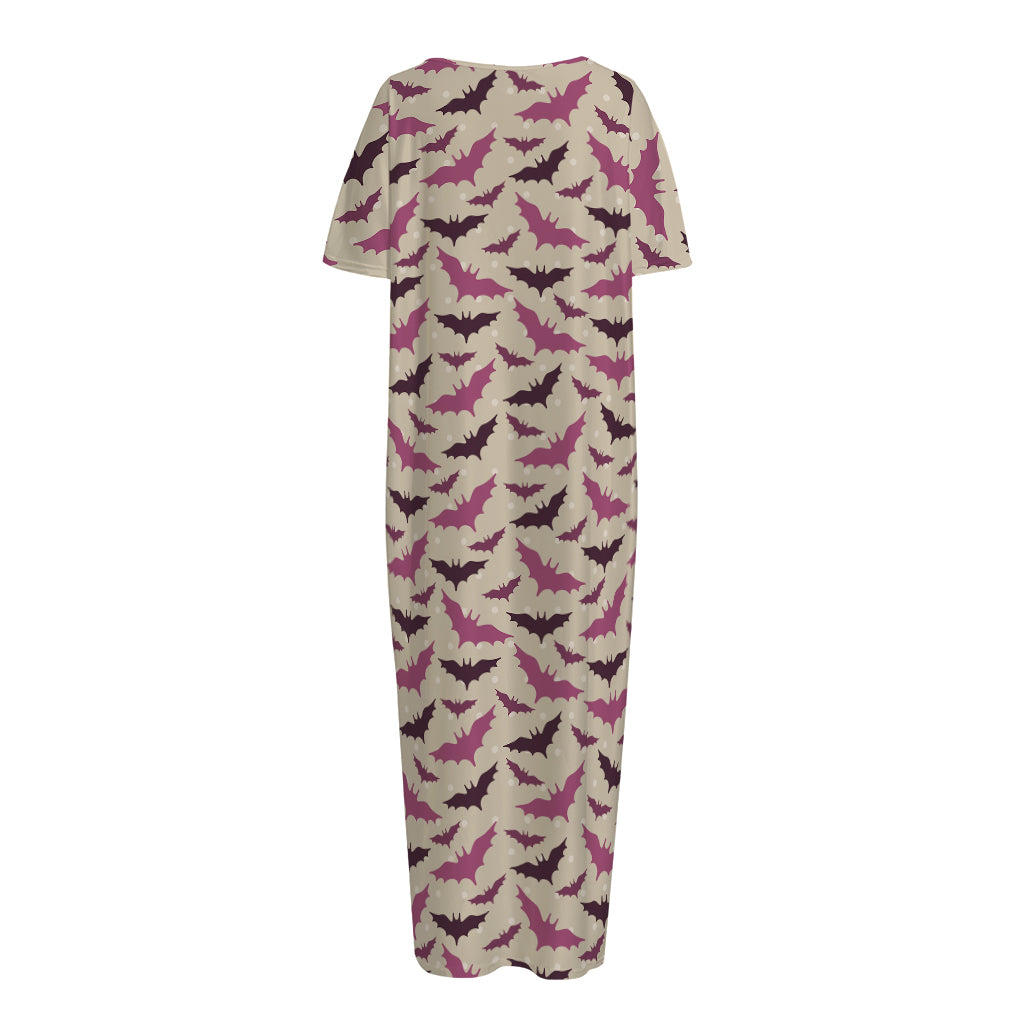 Purple Halloween Bat Pattern Print Short Sleeve Long Nightdress