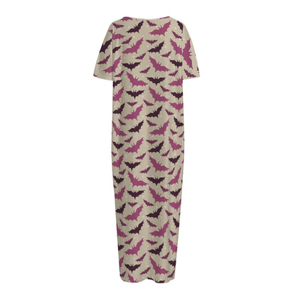 Purple Halloween Bat Pattern Print Short Sleeve Long Nightdress