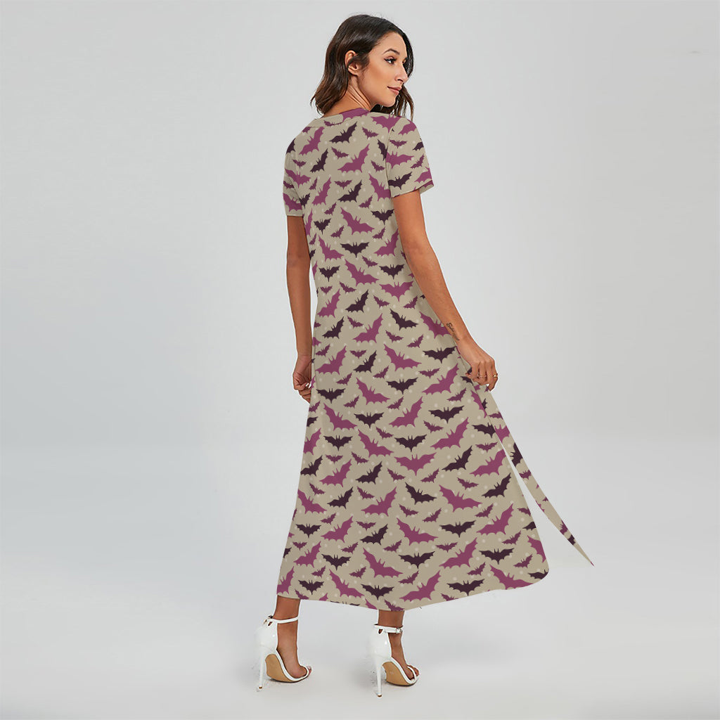 Purple Halloween Bat Pattern Print Short Sleeve Maxi Dress