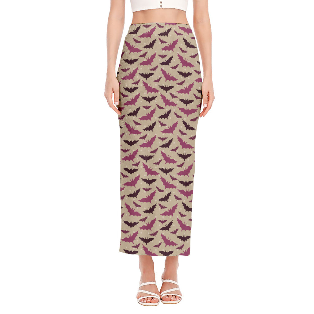 Purple Halloween Bat Pattern Print Side Slit Maxi Skirt