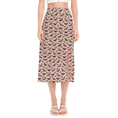 Purple Halloween Bat Pattern Print Side Slit Midi Skirt