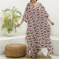Purple Halloween Bat Pattern Print Silk V-Neck Kaftan Dress