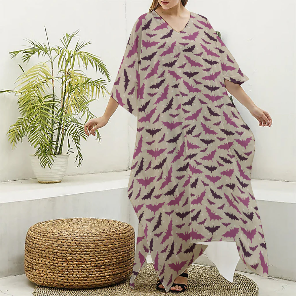 Purple Halloween Bat Pattern Print Silk V-Neck Kaftan Dress