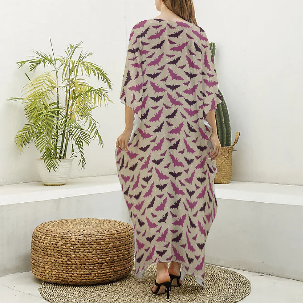 Purple Halloween Bat Pattern Print Silk V-Neck Kaftan Dress