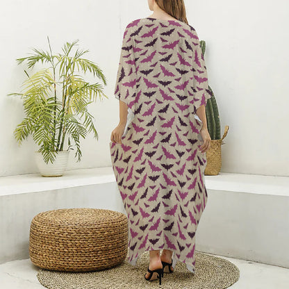 Purple Halloween Bat Pattern Print Silk V-Neck Kaftan Dress
