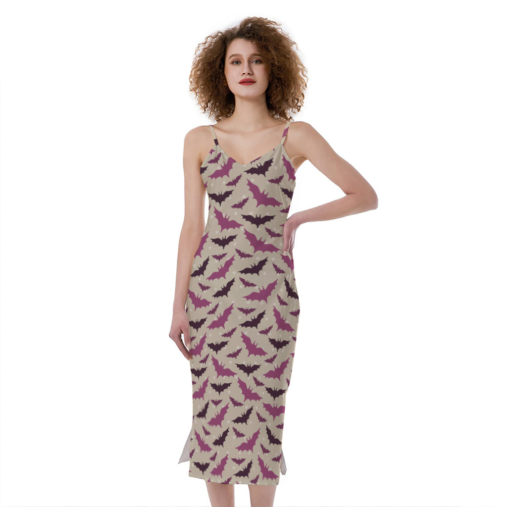 Purple Halloween Bat Pattern Print Slim Fit Midi Cami Dress