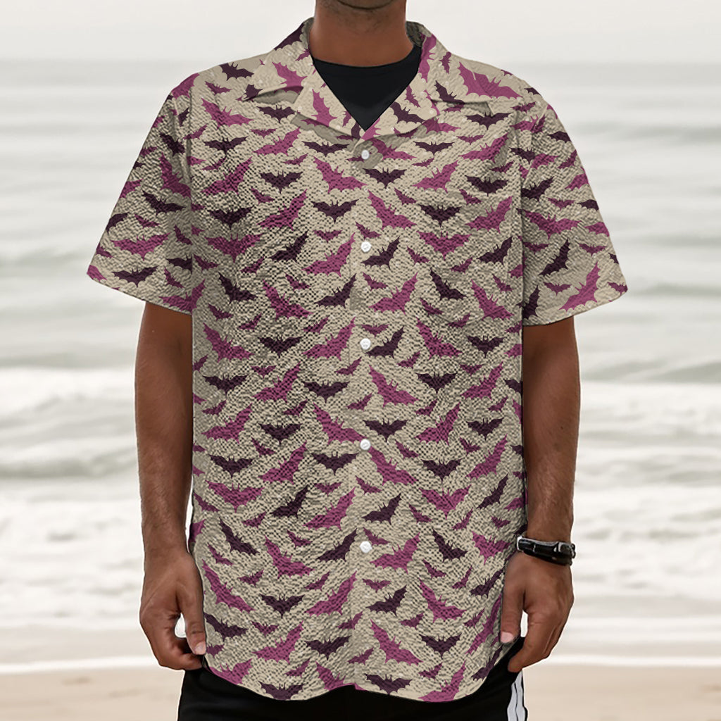 Purple Halloween Bat Pattern Print Textured Short Sleeve Shirt