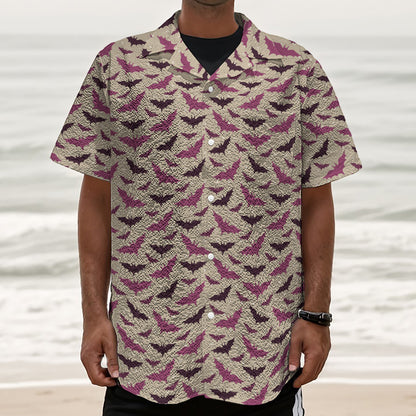 Purple Halloween Bat Pattern Print Textured Short Sleeve Shirt