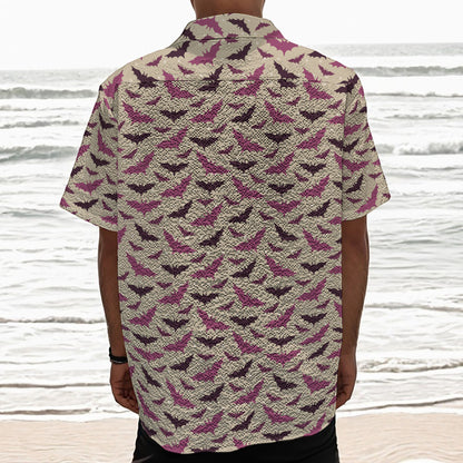 Purple Halloween Bat Pattern Print Textured Short Sleeve Shirt