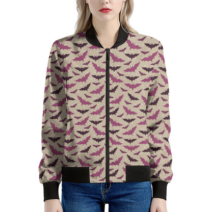 Purple Halloween Bat Pattern Print Women's Bomber Jacket