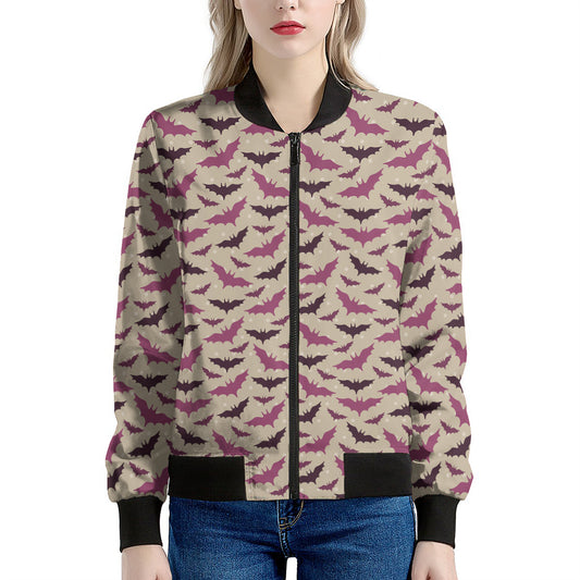 Purple Halloween Bat Pattern Print Women's Bomber Jacket