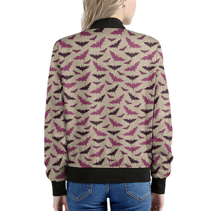 Purple Halloween Bat Pattern Print Women's Bomber Jacket