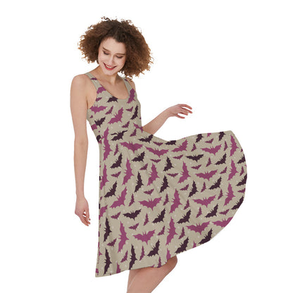 Purple Halloween Bat Pattern Print Women's Sleeveless Dress