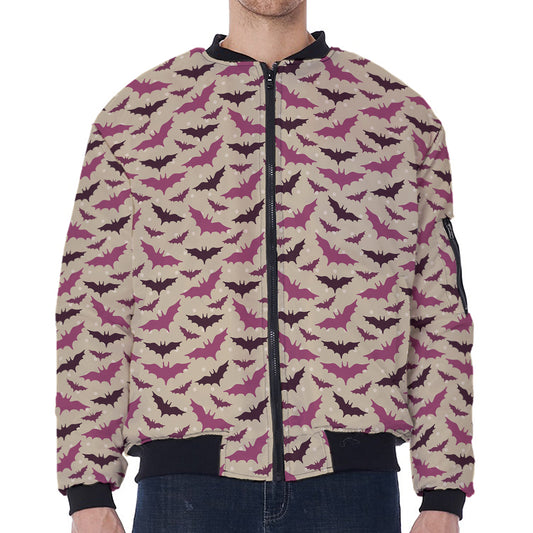 Purple Halloween Bat Pattern Print Zip Sleeve Bomber Jacket
