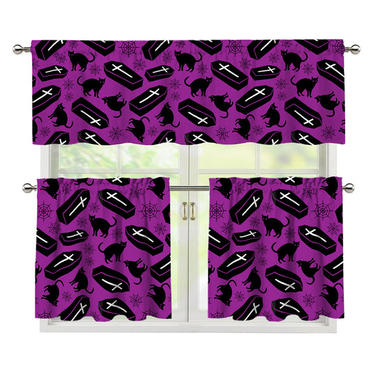 Purple Halloween Coffin Pattern Print 3 Piece Kitchen Curtains