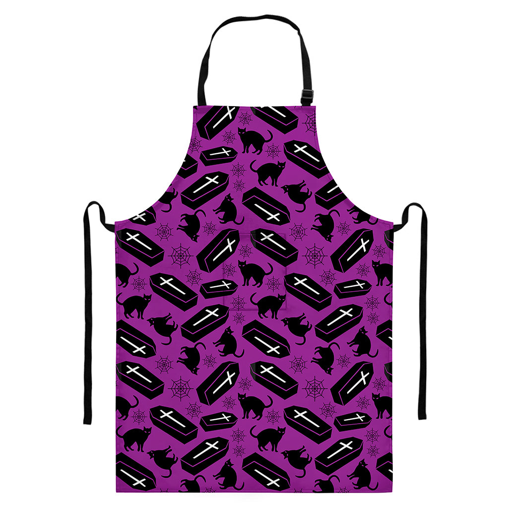 Purple Halloween Coffin Pattern Print Bib Apron With Pocket