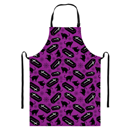 Purple Halloween Coffin Pattern Print Bib Apron With Pocket