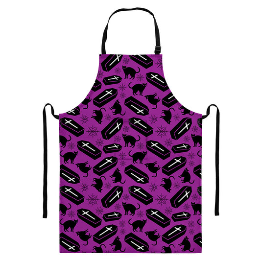 Purple Halloween Coffin Pattern Print Bib Apron With Pocket