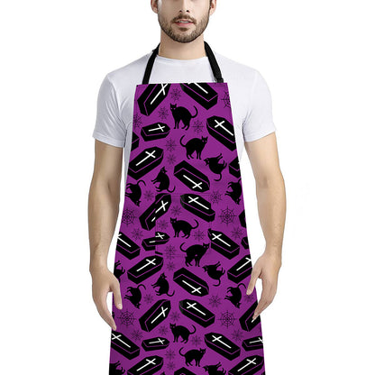 Purple Halloween Coffin Pattern Print Bib Apron With Pocket