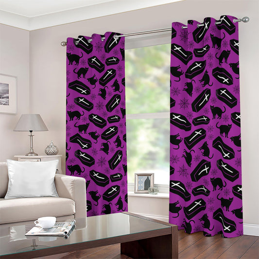 Purple Halloween Coffin Pattern Print Blackout Grommet Curtains