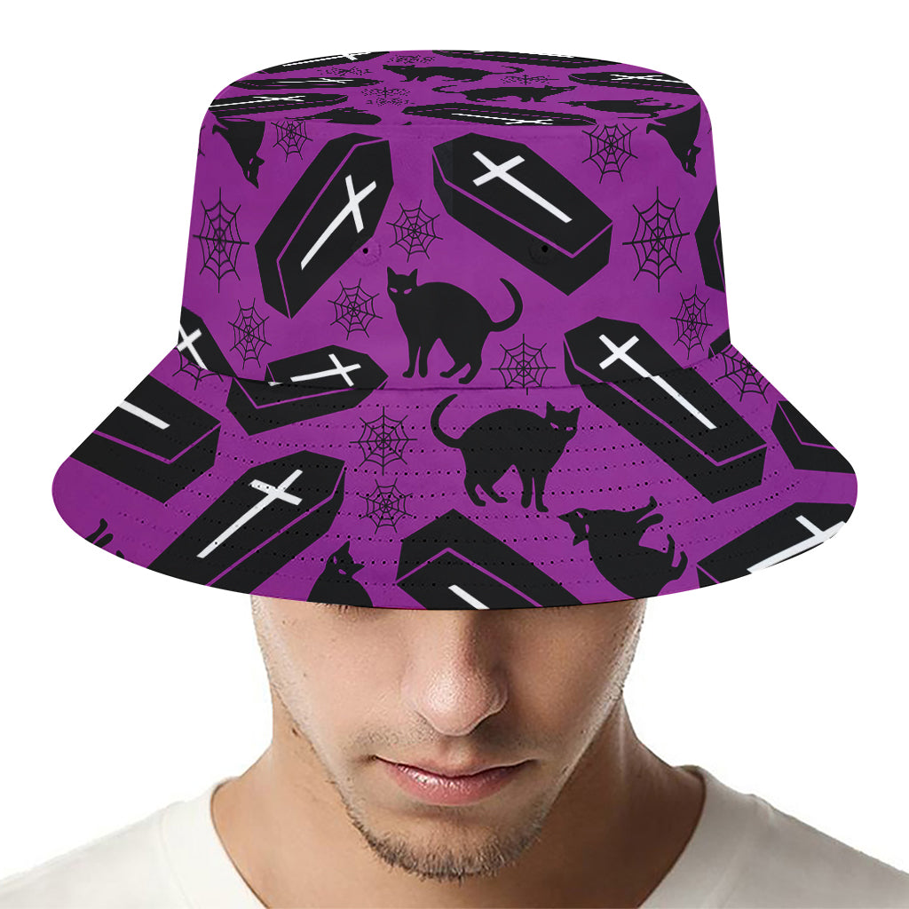 Purple Halloween Coffin Pattern Print Bucket Hat