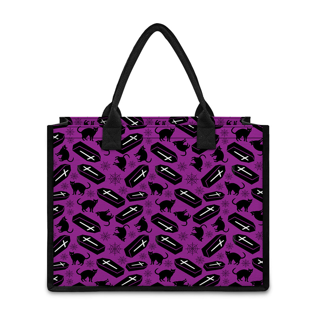 Purple Halloween Coffin Pattern Print Canvas Tote Bag