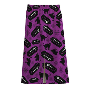 Purple Halloween Coffin Pattern Print Cotton Front Slit Maxi Skirt