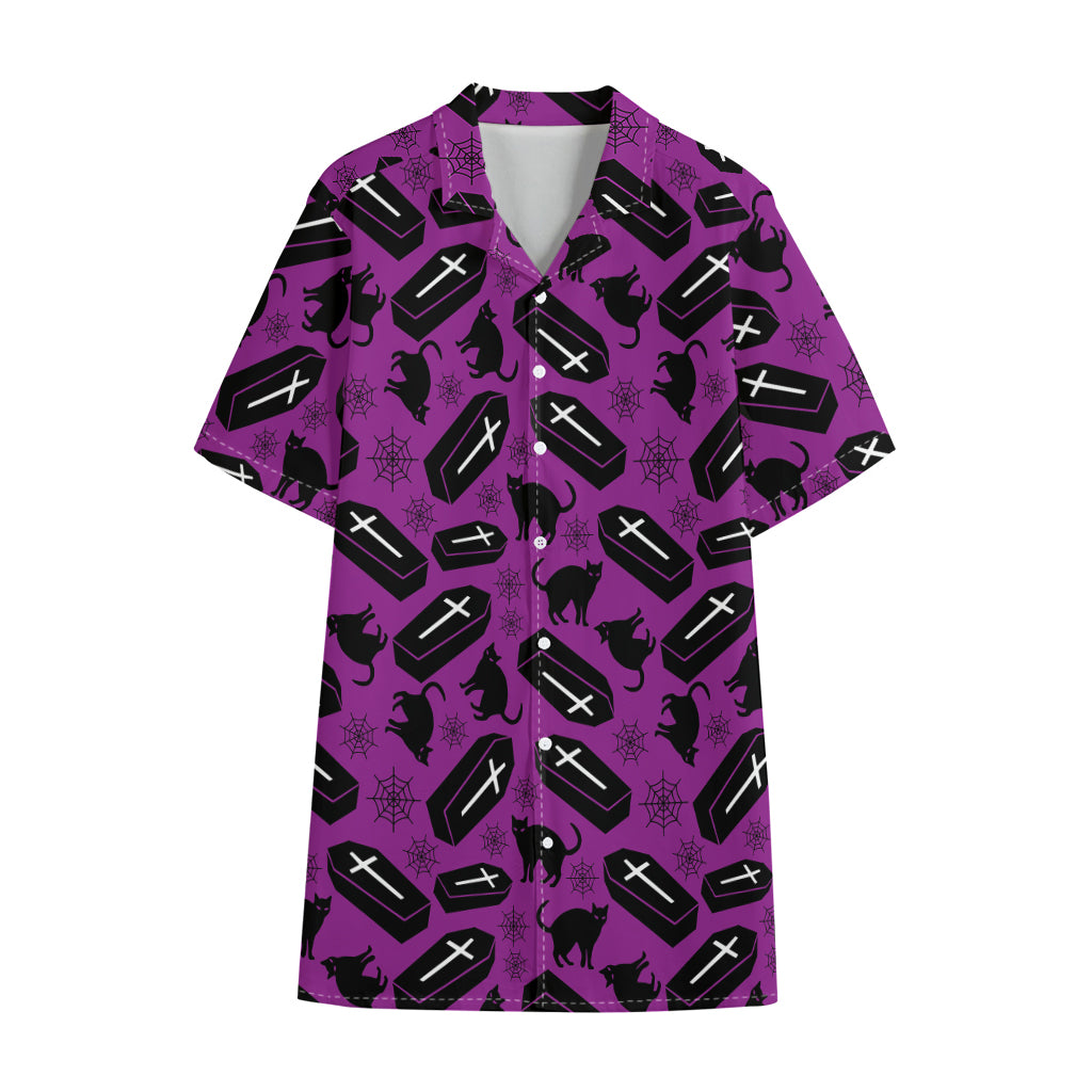 Purple Halloween Coffin Pattern Print Cotton Hawaiian Shirt