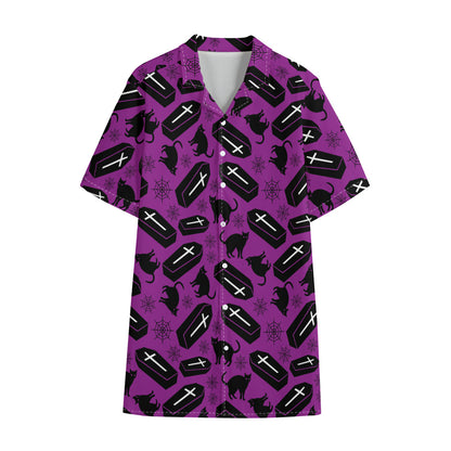 Purple Halloween Coffin Pattern Print Cotton Hawaiian Shirt