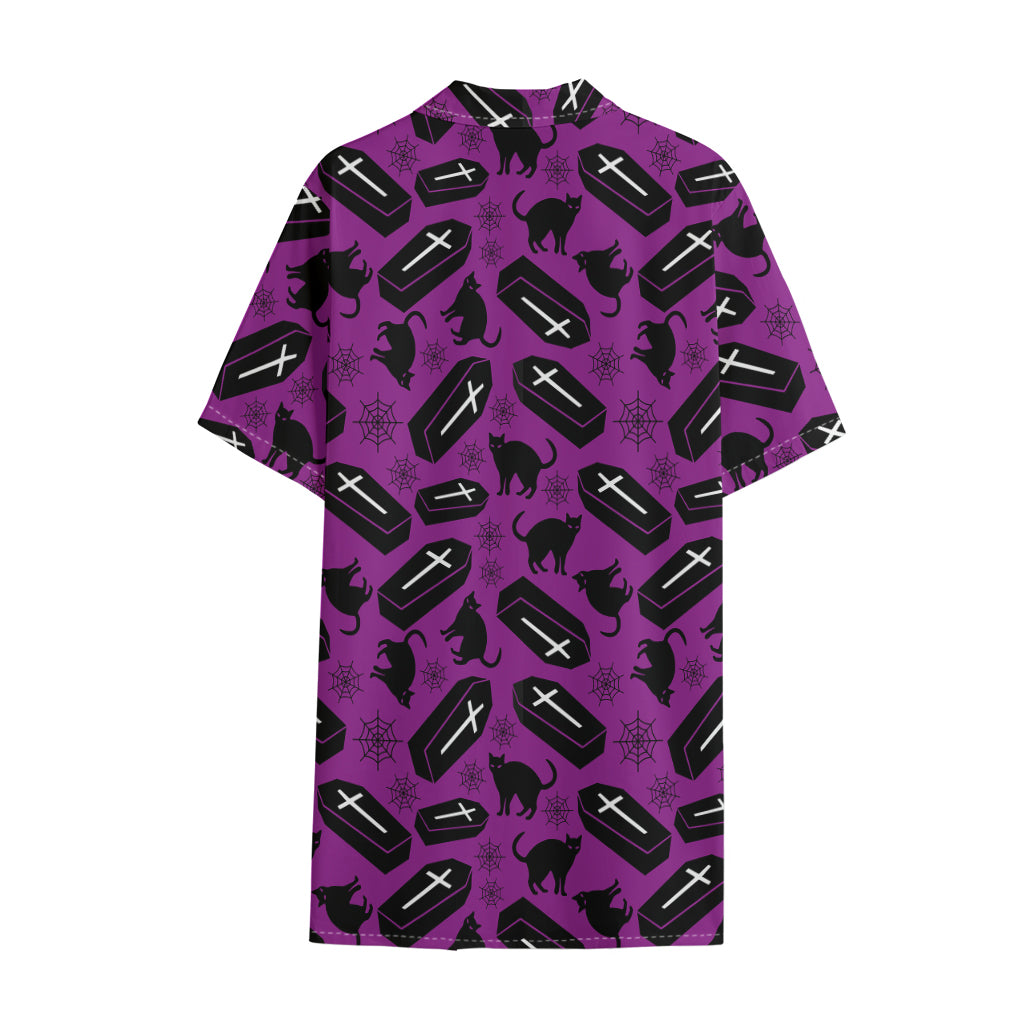 Purple Halloween Coffin Pattern Print Cotton Hawaiian Shirt