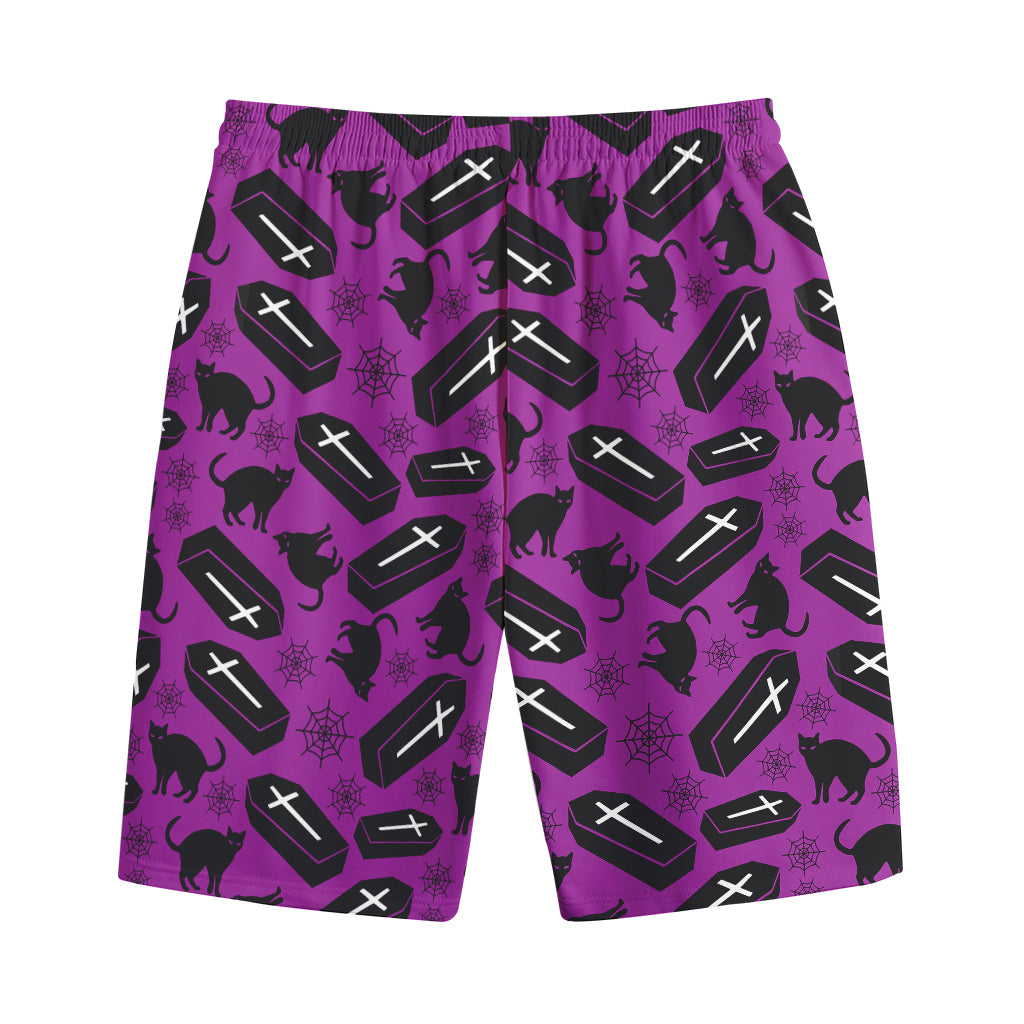 Purple Halloween Coffin Pattern Print Cotton Shorts