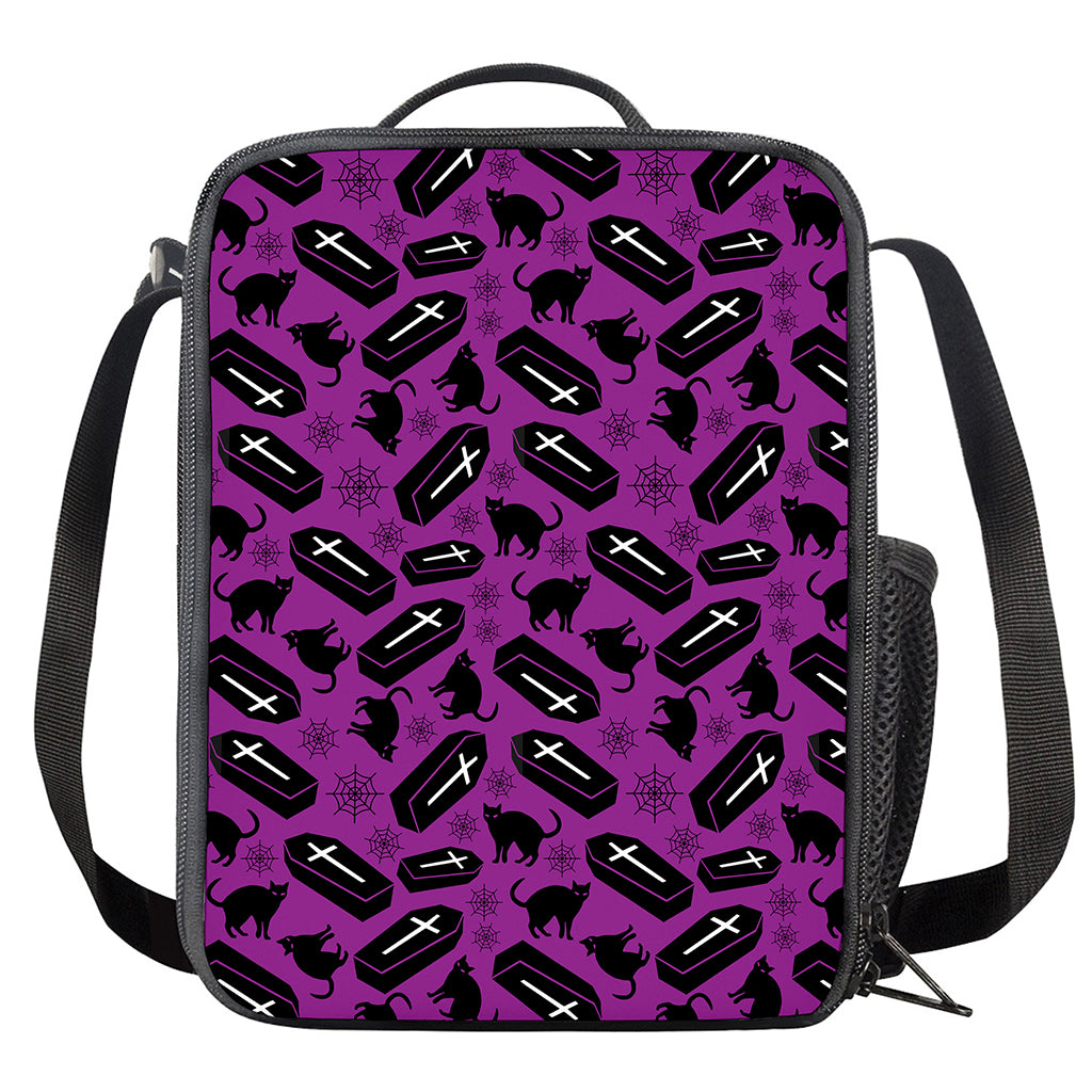 Purple Halloween Coffin Pattern Print Crossbody Lunch Bag