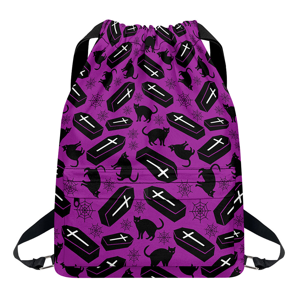 Purple Halloween Coffin Pattern Print Drawstring Backpack
