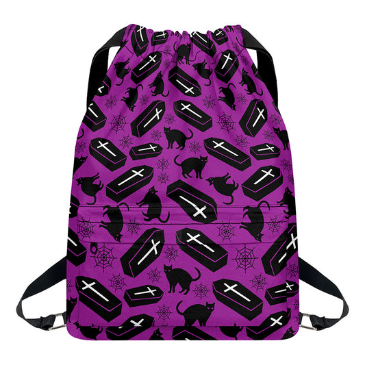 Purple Halloween Coffin Pattern Print Drawstring Backpack