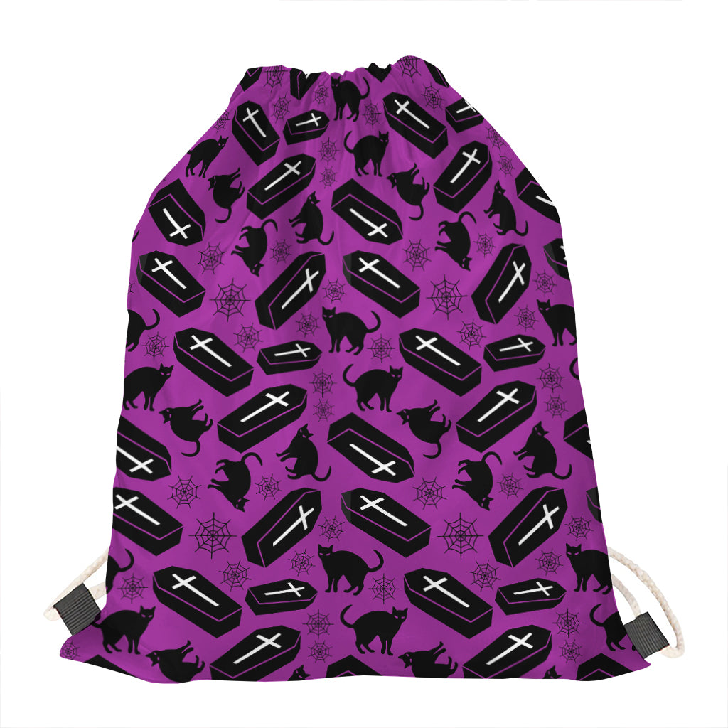 Purple Halloween Coffin Pattern Print Drawstring Bag