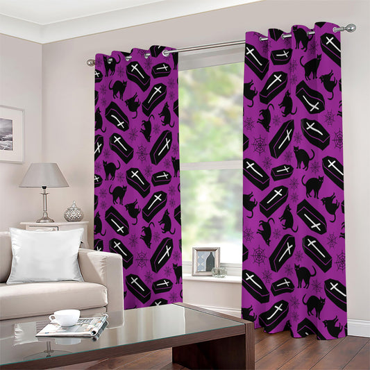 Purple Halloween Coffin Pattern Print Extra Wide Grommet Curtains