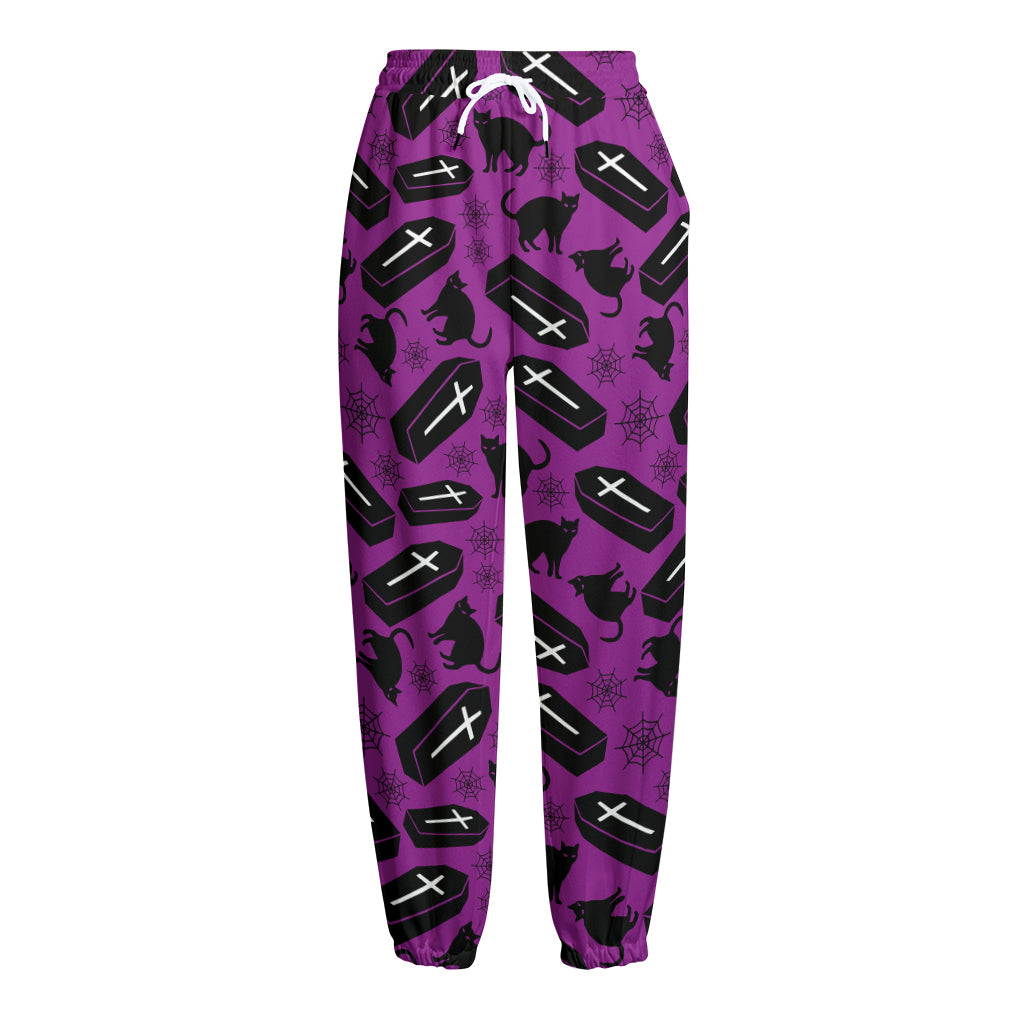 Purple Halloween Coffin Pattern Print Fleece Lined Knit Pants