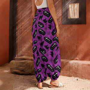 Purple Halloween Coffin Pattern Print Harem Pants