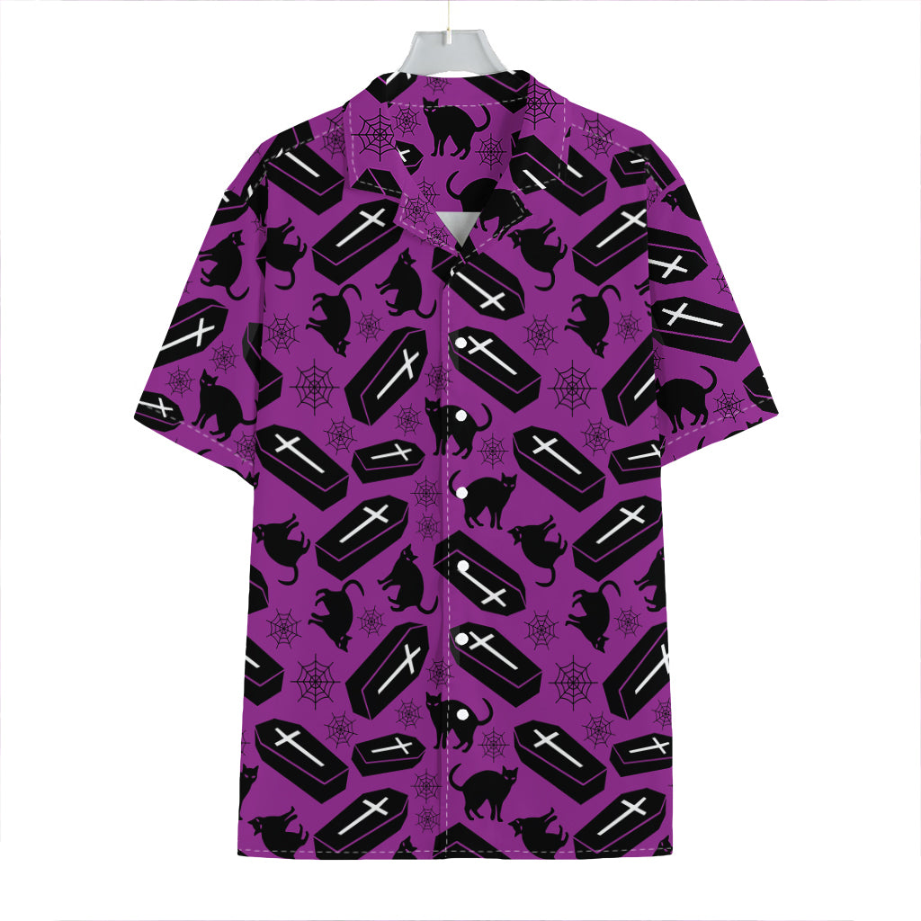 Purple Halloween Coffin Pattern Print Hawaiian Shirt