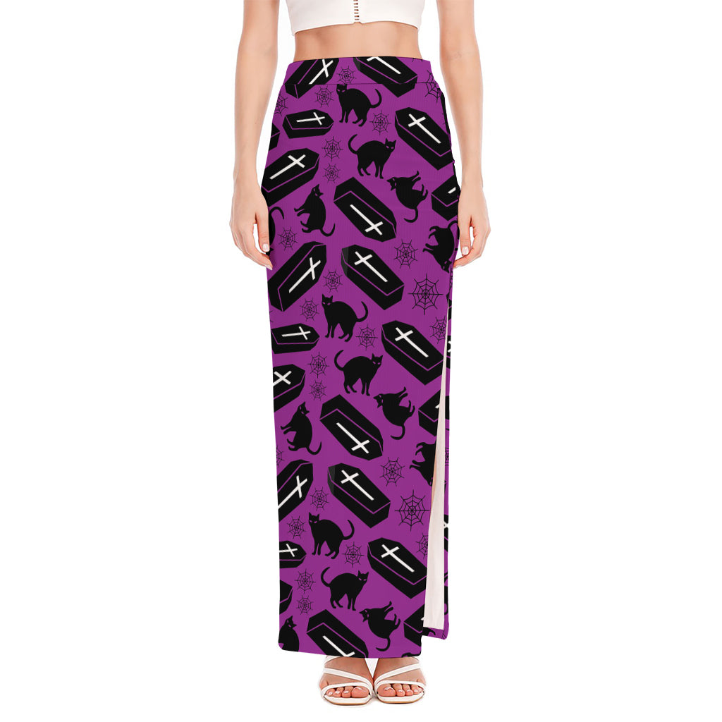 Purple Halloween Coffin Pattern Print High Slit Maxi Skirt