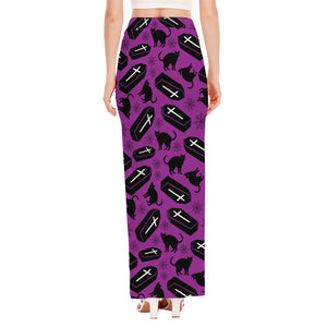 Purple Halloween Coffin Pattern Print High Slit Maxi Skirt