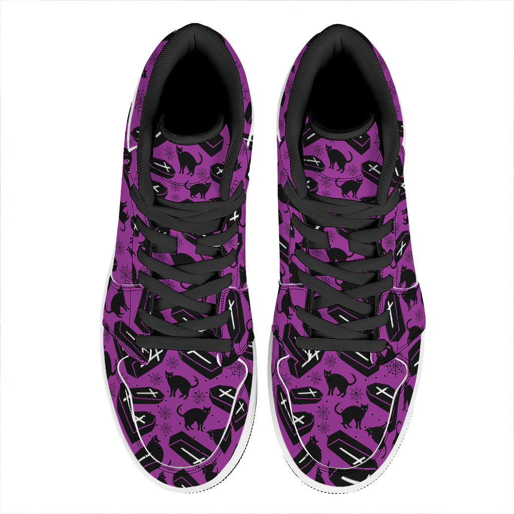 Purple Halloween Coffin Pattern Print High Top Leather Sneakers