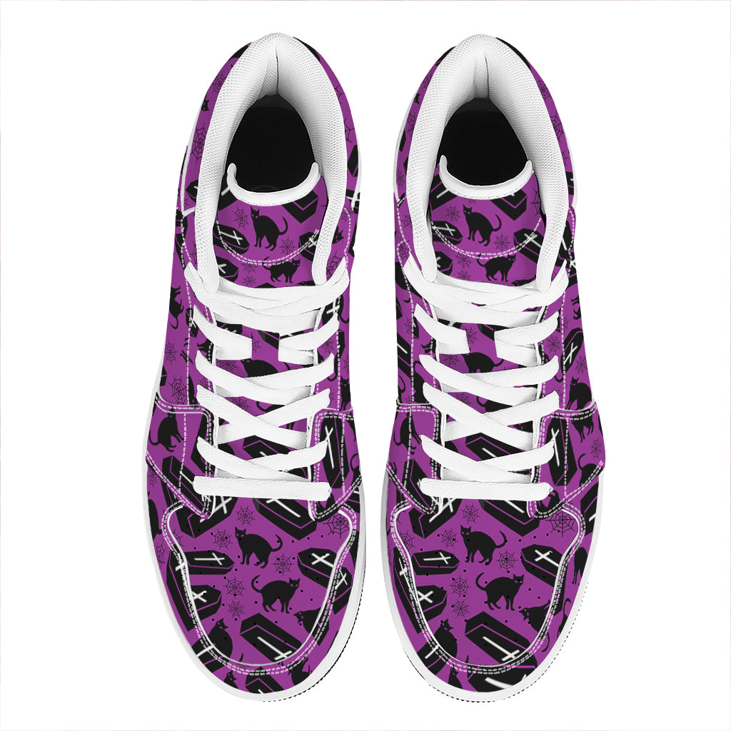 Purple Halloween Coffin Pattern Print High Top Leather Sneakers