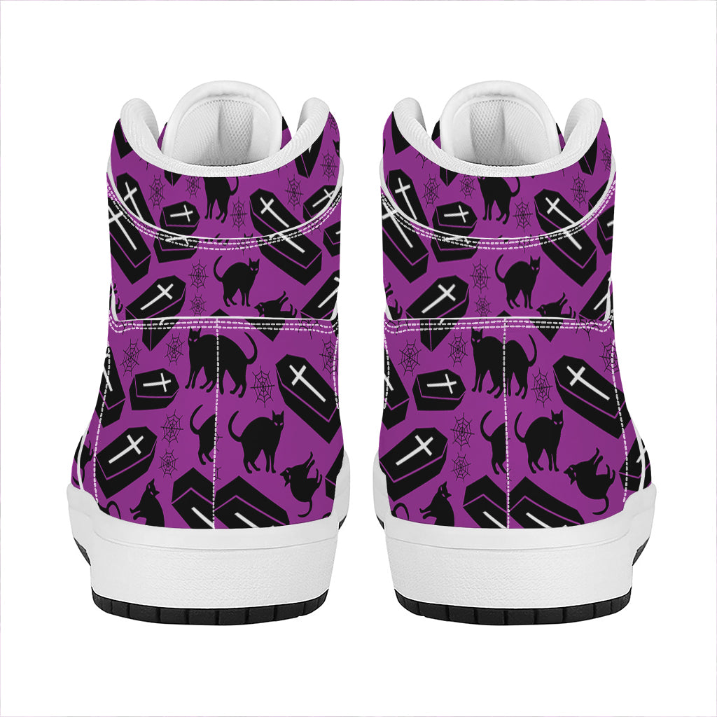 Purple Halloween Coffin Pattern Print High Top Leather Sneakers